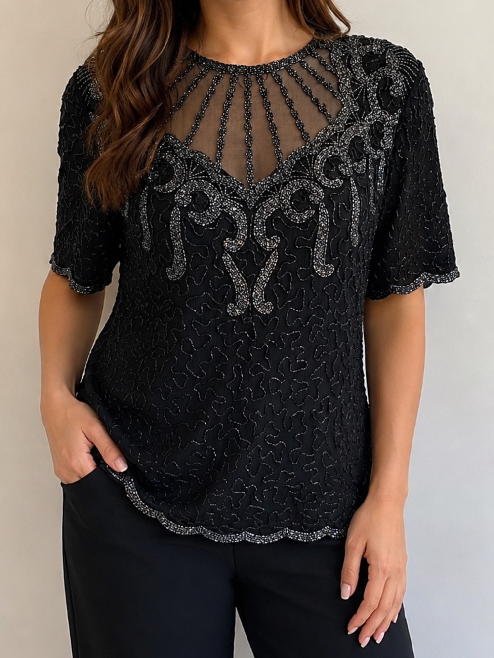 Vintage Brilliante Black Silk Beaded Evening Blouse Size L Art Deco Top